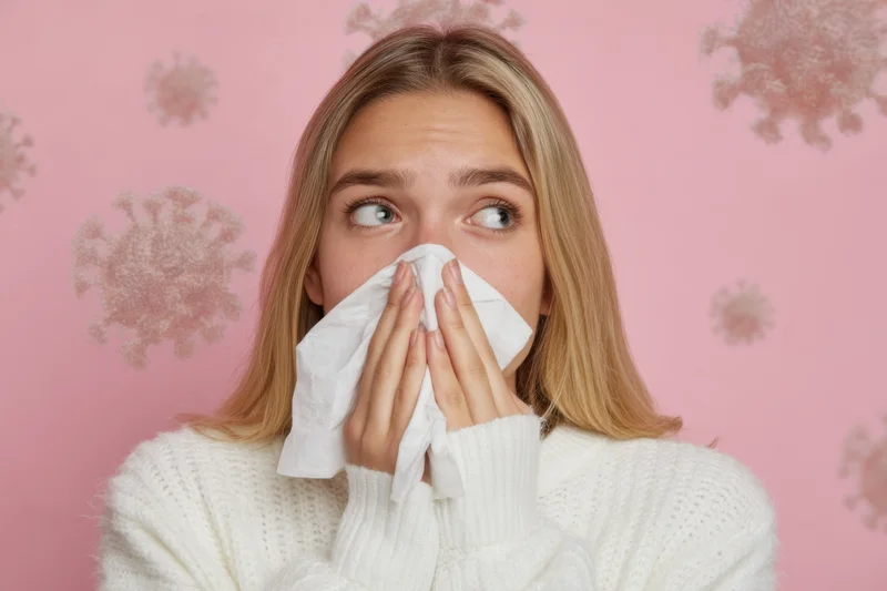 Young woman blowing her nose with a tissue against a pink background with virus illustrations