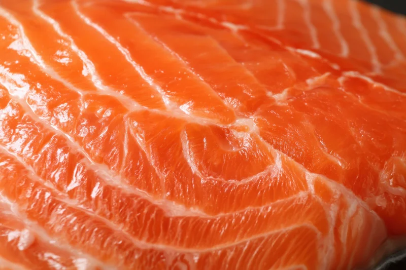 Close-up of a raw salmon fillet showing orange flesh with white marbling
