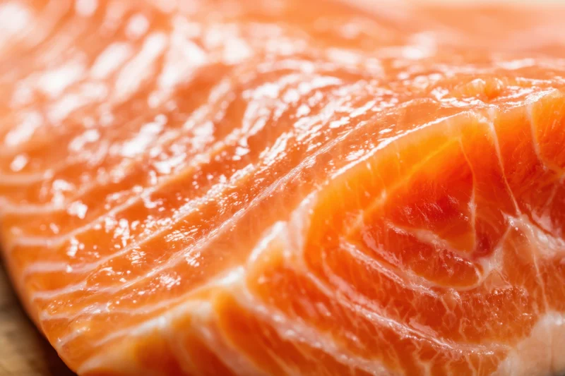 Close-up of a raw salmon fillet showing orange flesh and white marbling