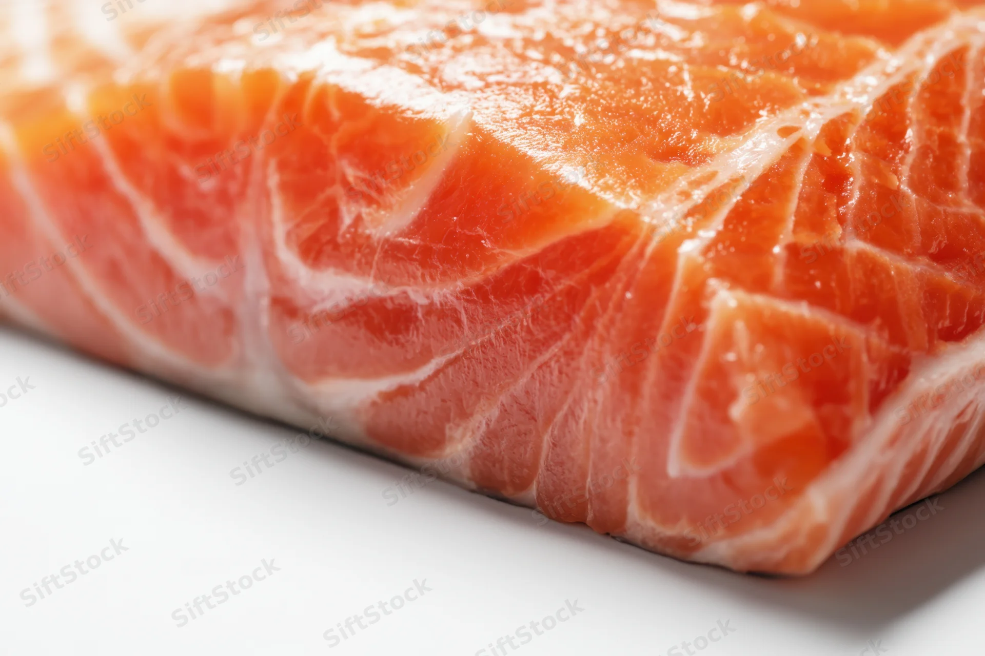 Close-up of a raw salmon fillet with orange flesh and white marbling on a white surface