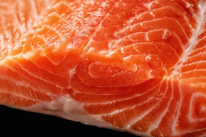 Close-up of a raw salmon fillet showing orange flesh and white marbling against black background