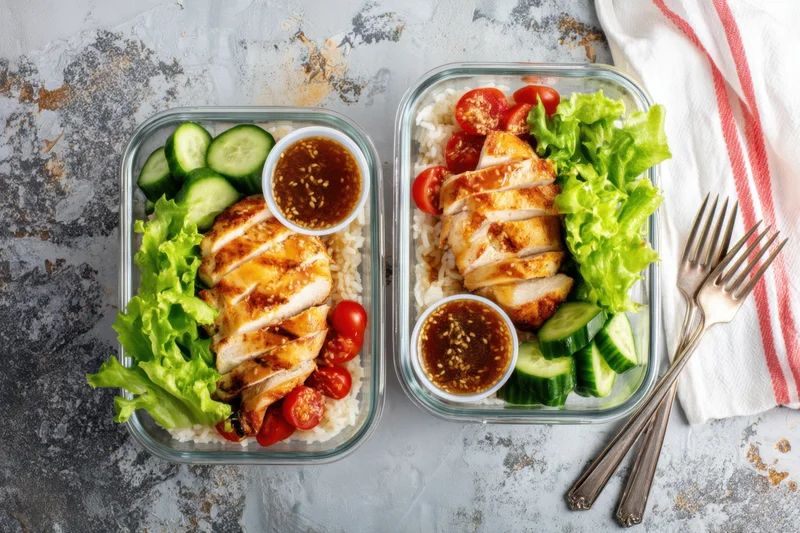 Two glass meal prep containers with grilled chicken, rice, vegetables and dipping sauce arranged on a textured surface with forks and a striped napkin nearby