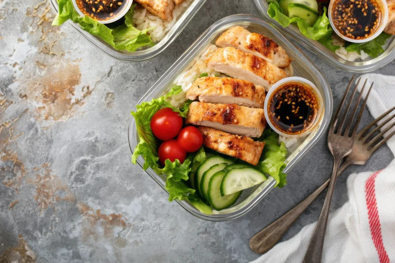 Grilled chicken and rice salad in glass meal prep container with soy sauce on gray surface