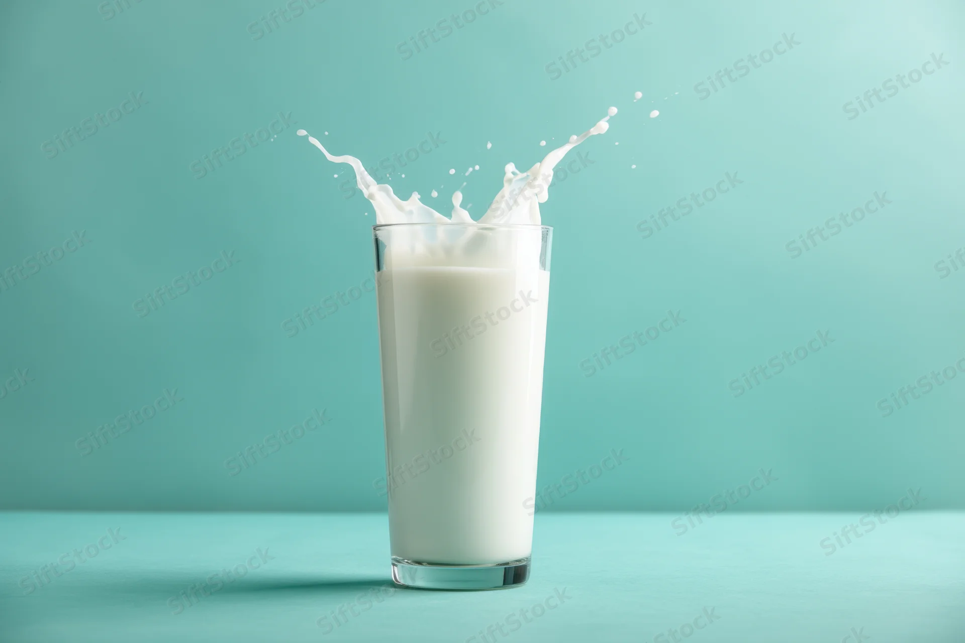Glass of milk with splash effect on teal background