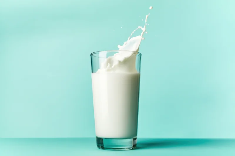 Glass of milk with splash effect on teal background