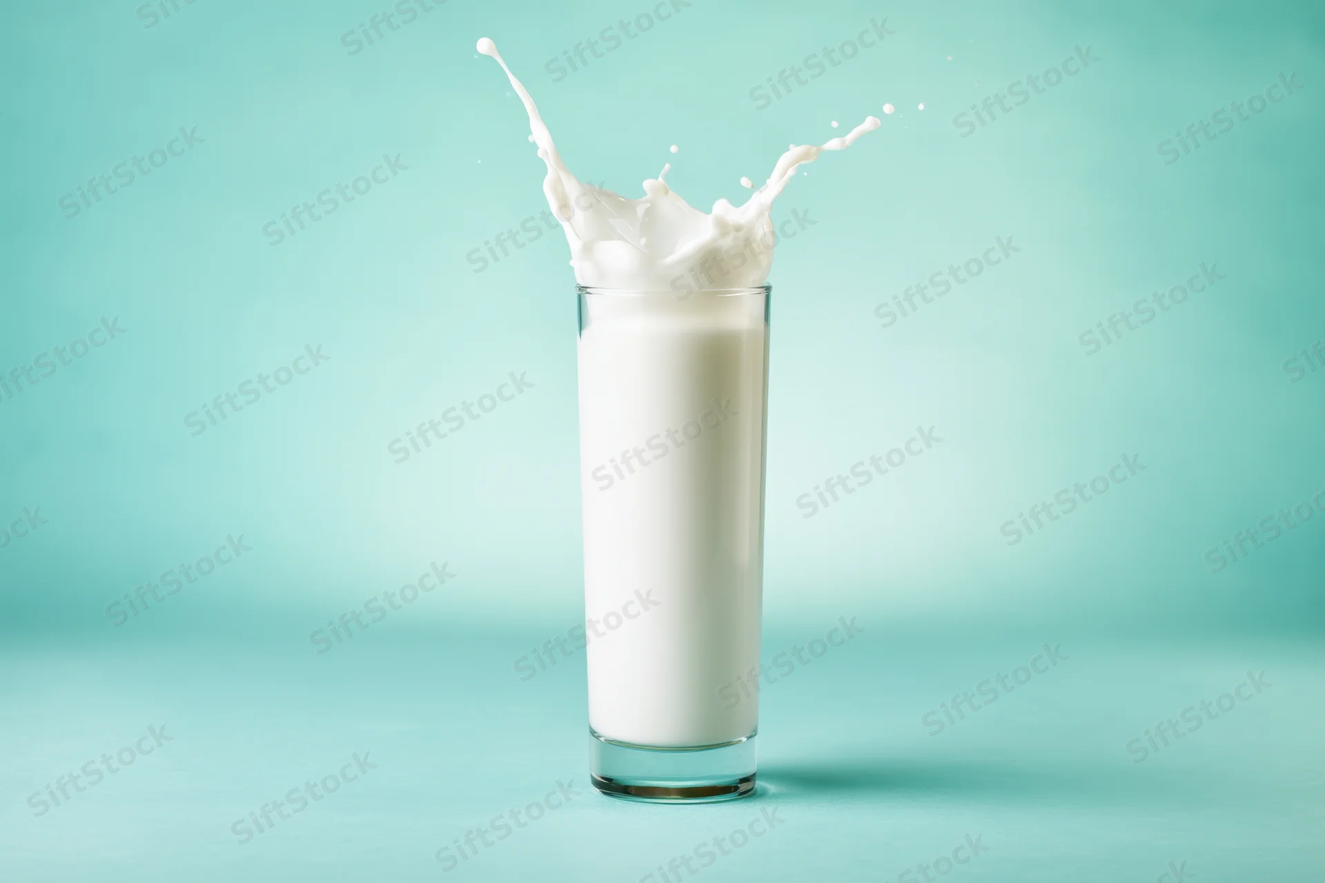 Glass of milk with splash effect on teal background