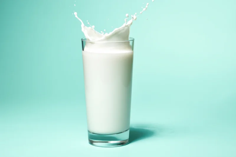 Glass of milk with splash effect on teal background