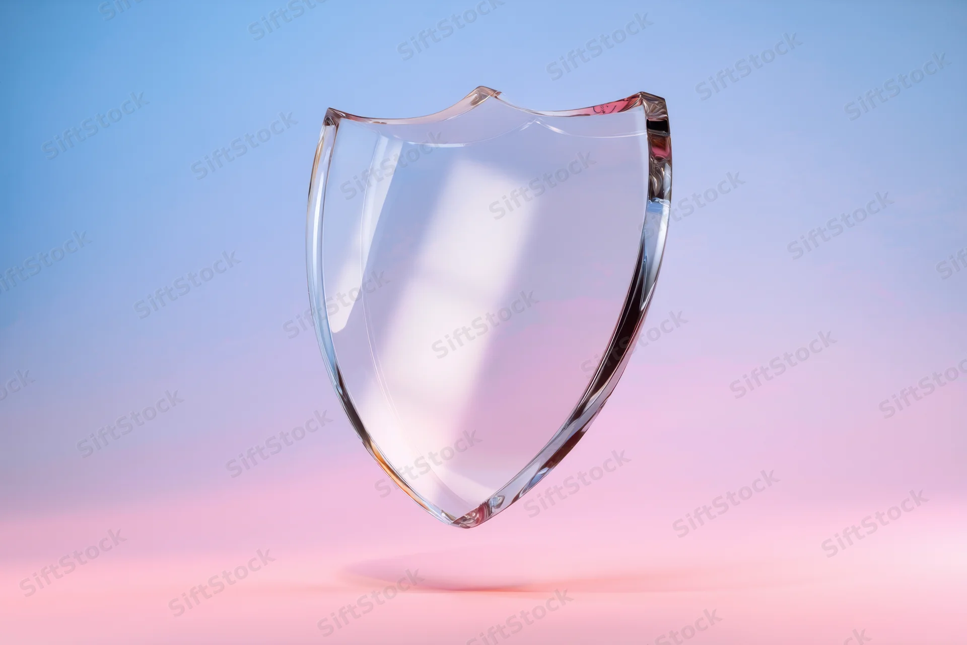 Transparent glass shield floating against a blue and pink gradient background