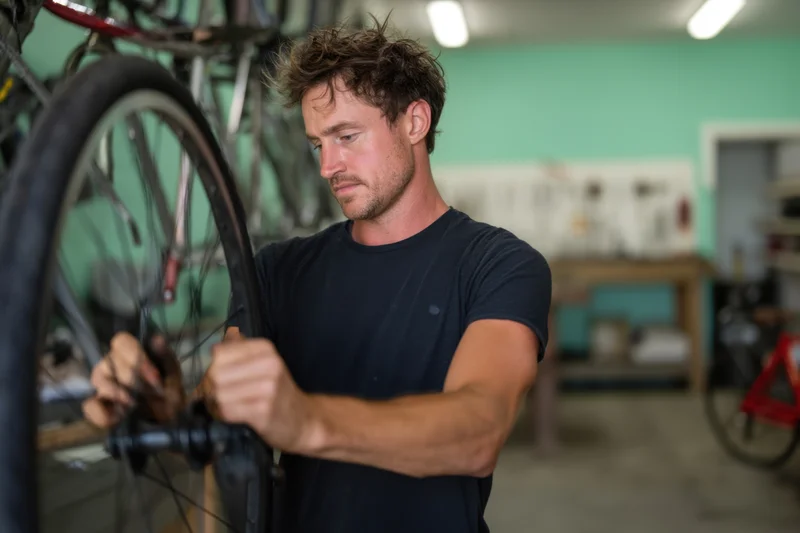 Male mechanic concentrating on bicycle wheel repair in workshop