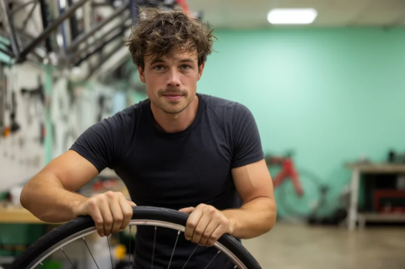 Man holding bicycle wheel in workshop repair setting