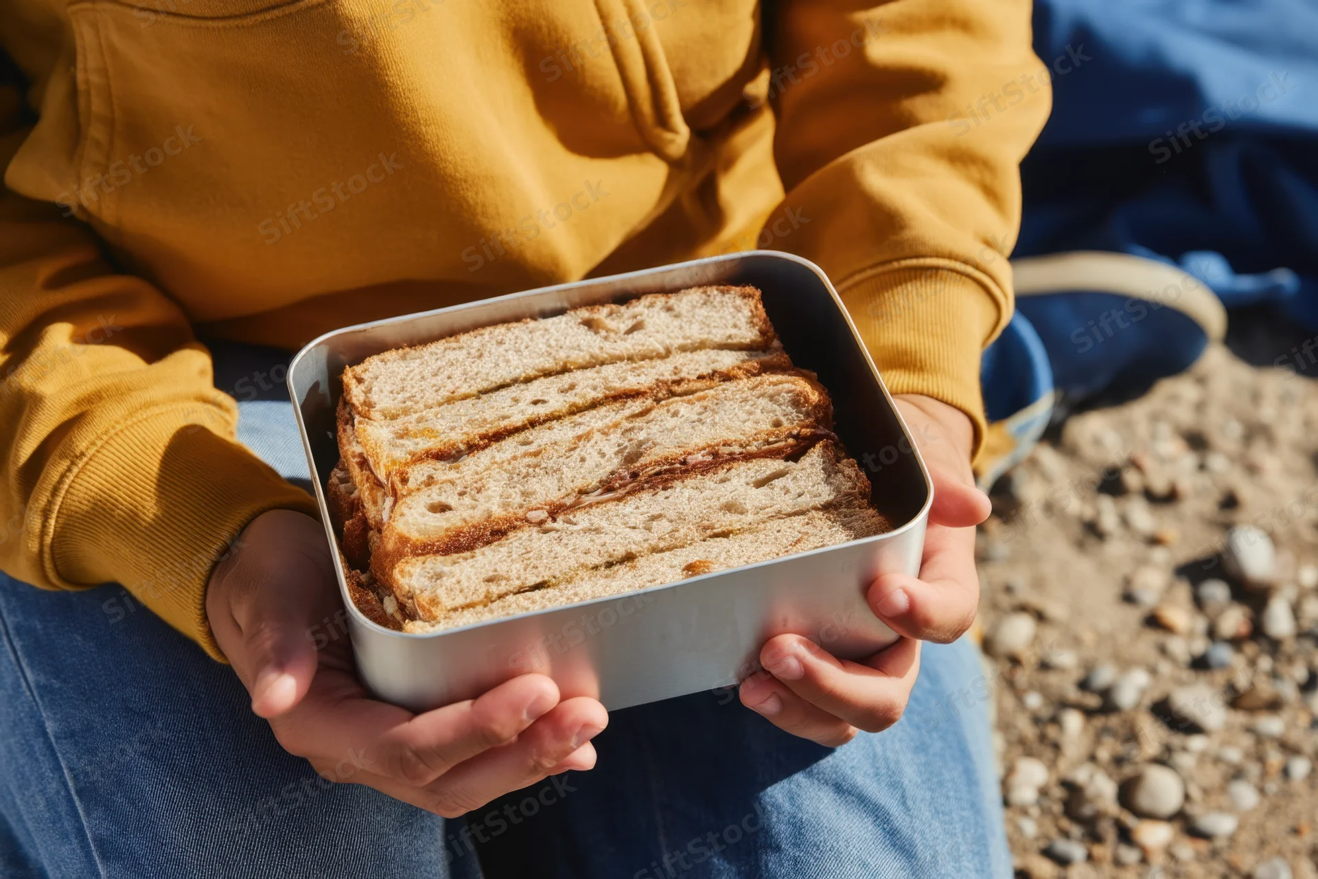 Person holding a metal lunch container with stacked sandwiches outdoors on gravel ground