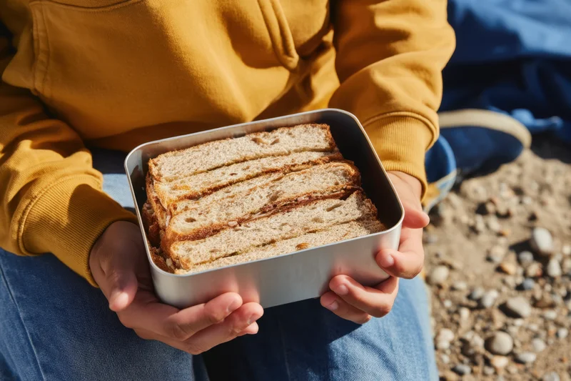 Person holding a metal lunch container with stacked sandwiches outdoors on gravel ground