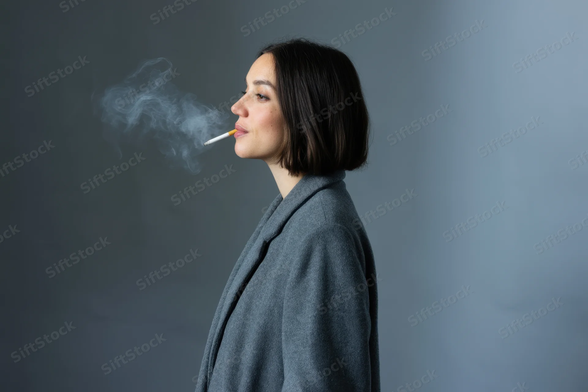 Woman in gray coat smoking cigarette in studio profile view exhaling smoke