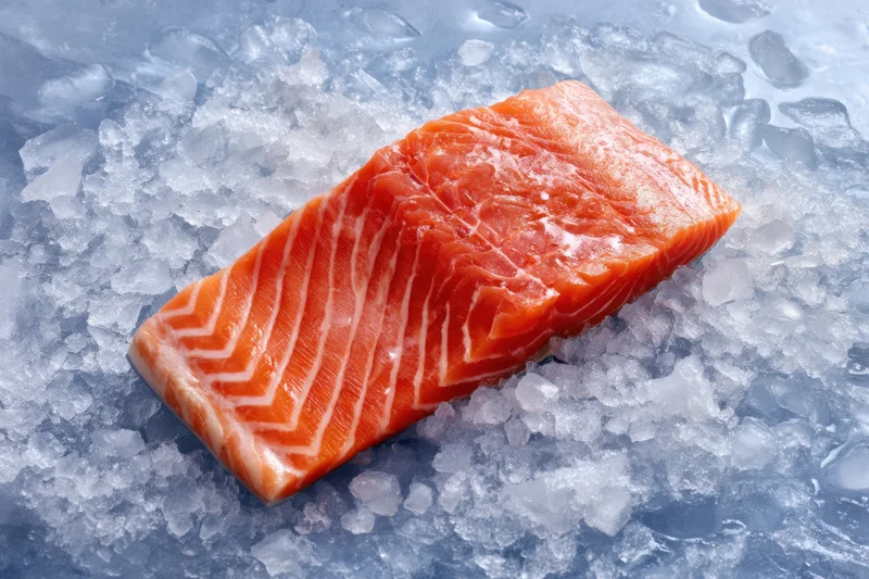 Raw salmon fillet resting on crushed ice in a close-up food photograph