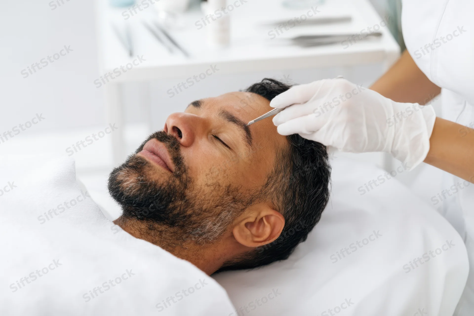 Man receiving facial treatment in a spa clinic with gloved hand using precision tool on forehead