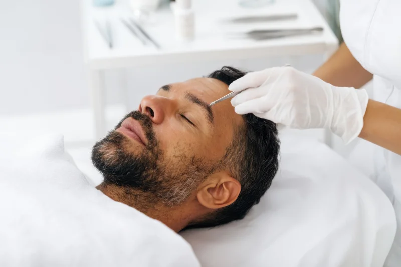 Man receiving facial treatment in a spa clinic with gloved hand using precision tool on forehead