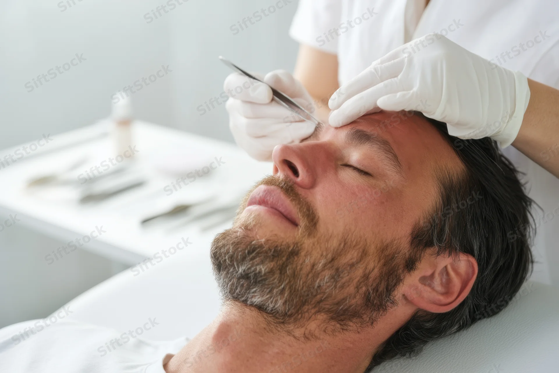 Man receiving facial treatment in a clinic with gloved hands using needle near forehead
