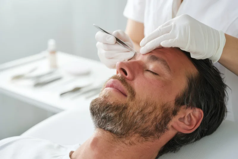 Man receiving facial treatment in a clinic with gloved hands using needle near forehead