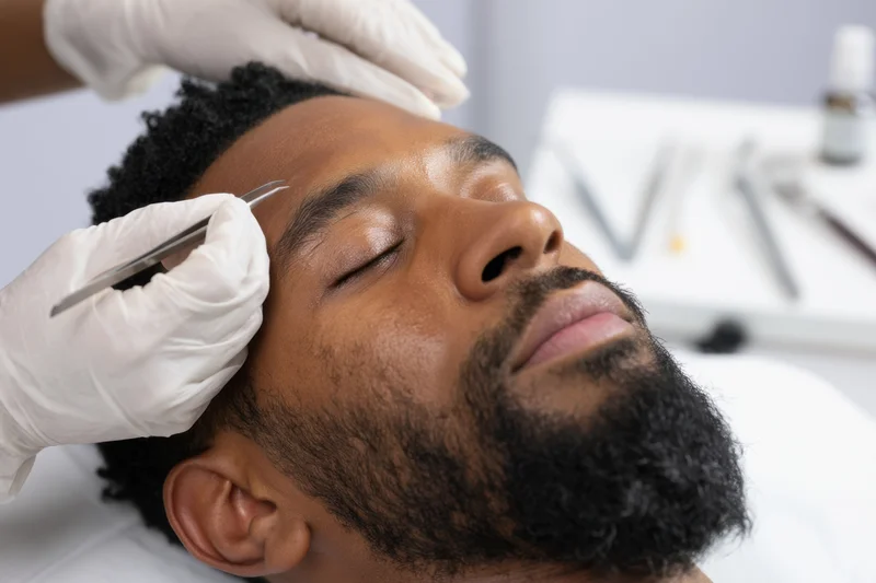 Man receiving facial grooming treatment with tweezers in a clinic setting