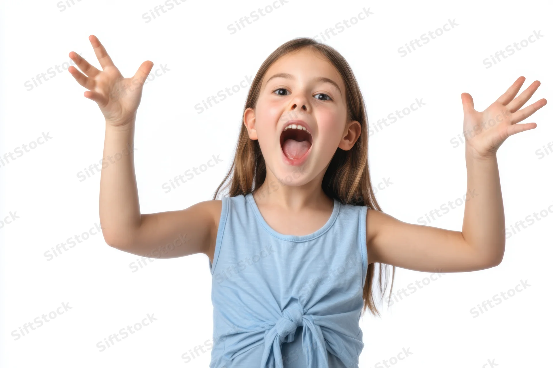 Young girl shouting with arms raised in excitement against white background