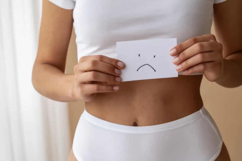 Woman holding a sad emoticon card over her stomach in white underwear