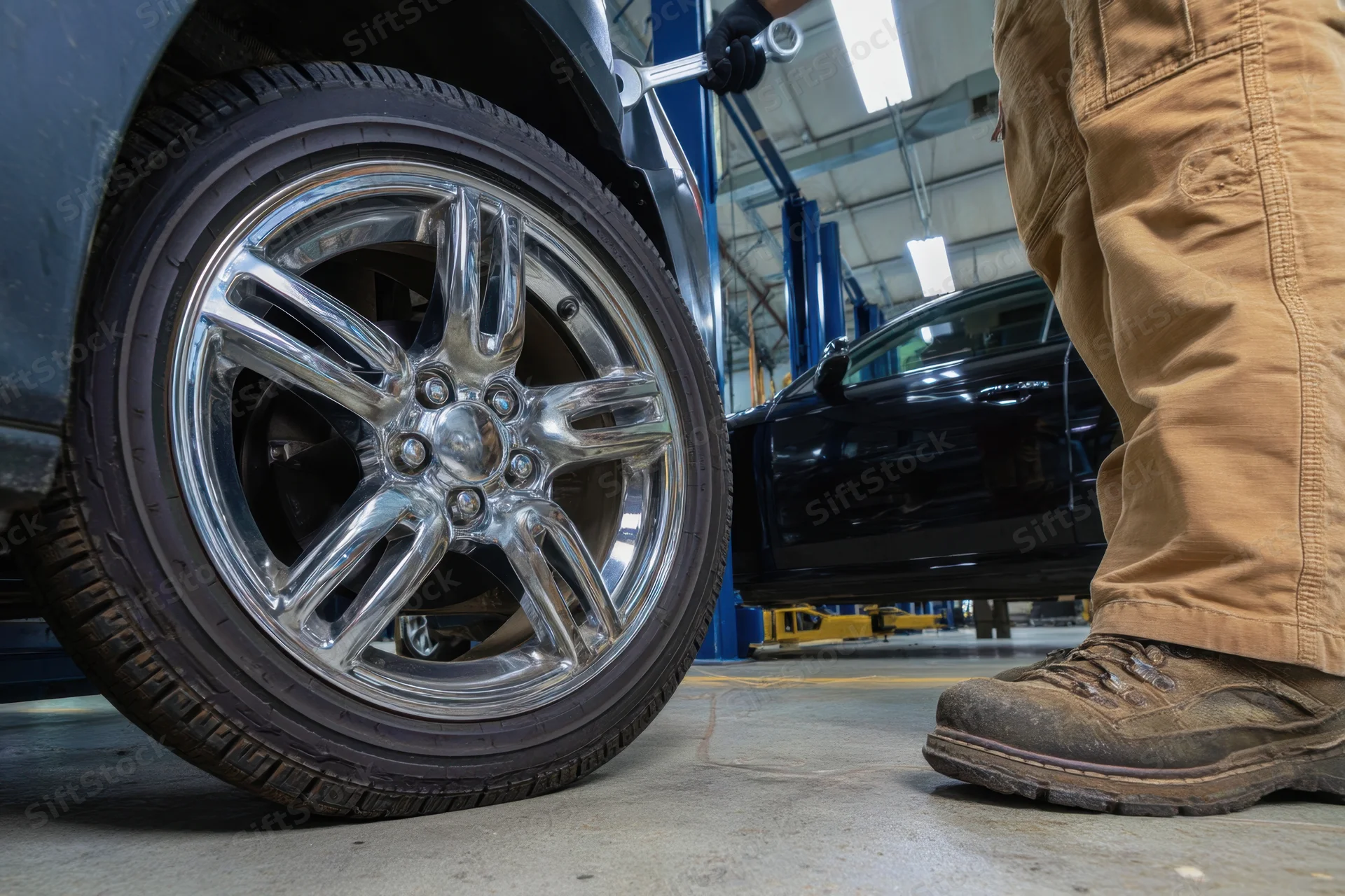 Mechanic tightening lug nuts on a car wheel in a garage workshop