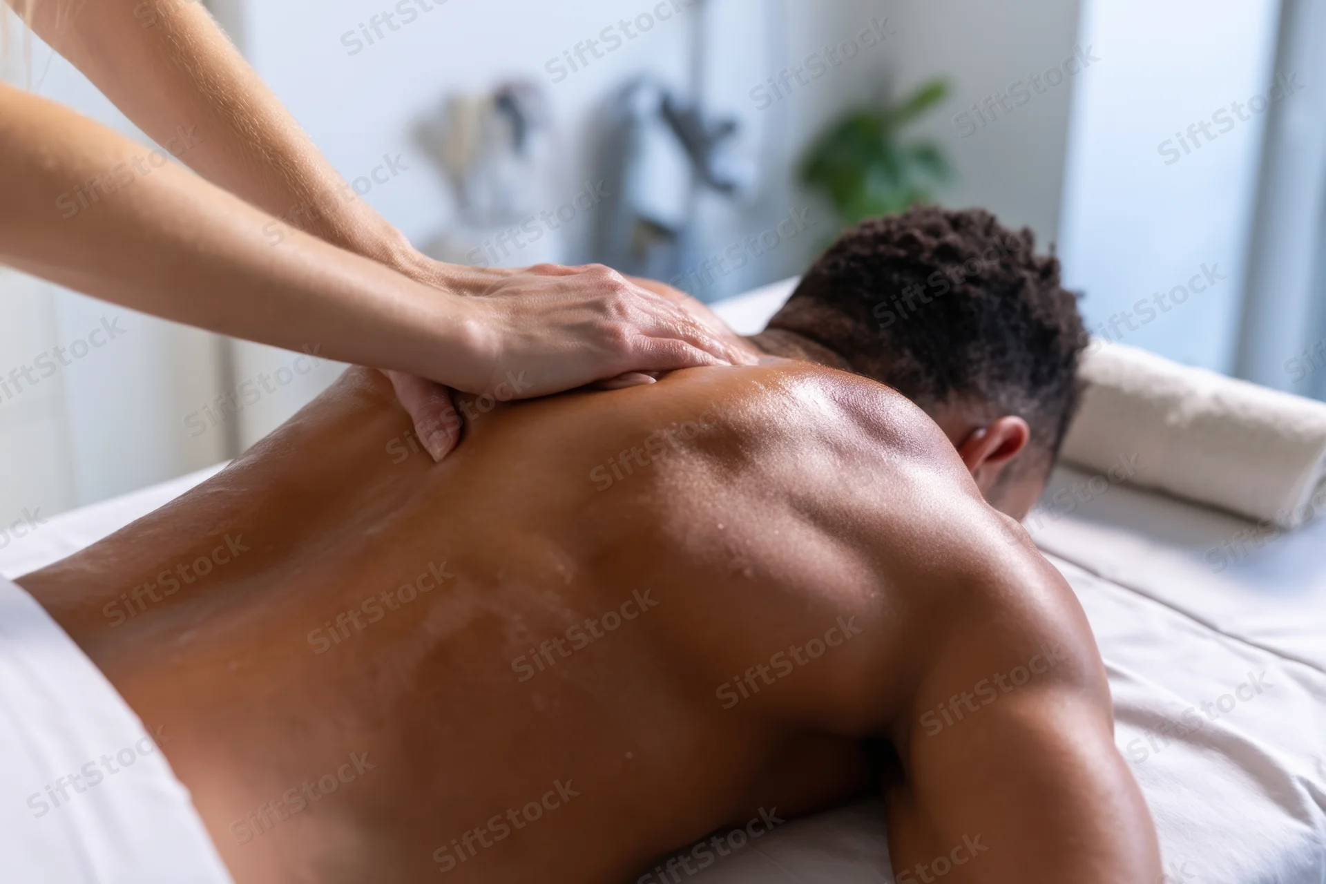 Man receiving back massage from therapist in spa setting