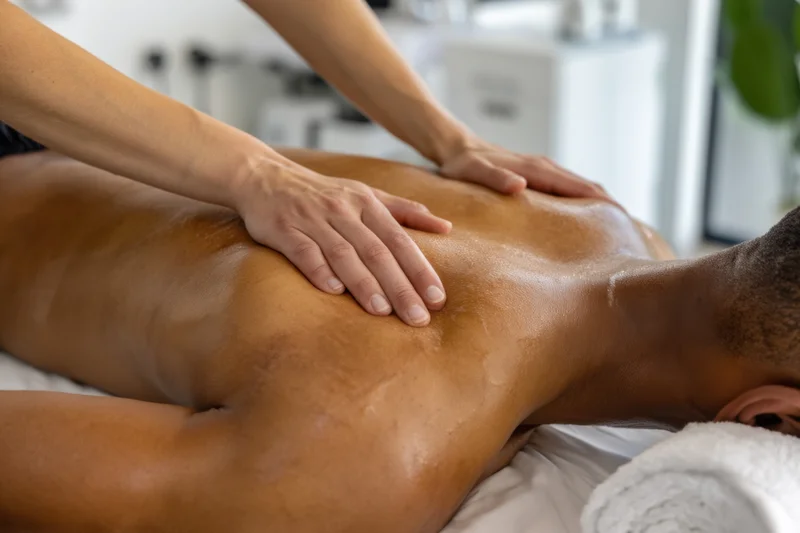 Man receiving back massage with oil on massage table in spa setting
