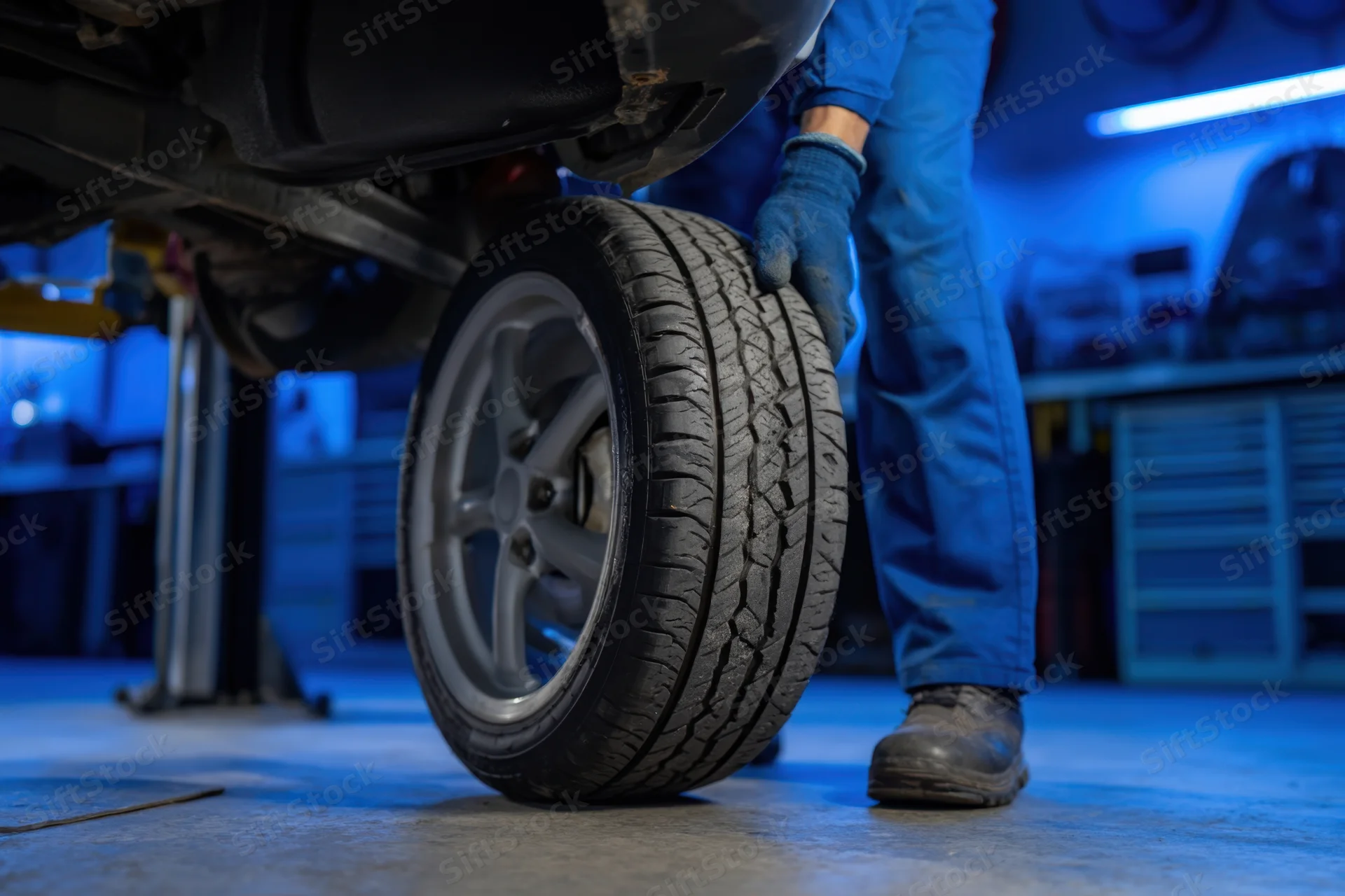 Mechanic changing car tire in garage workshop