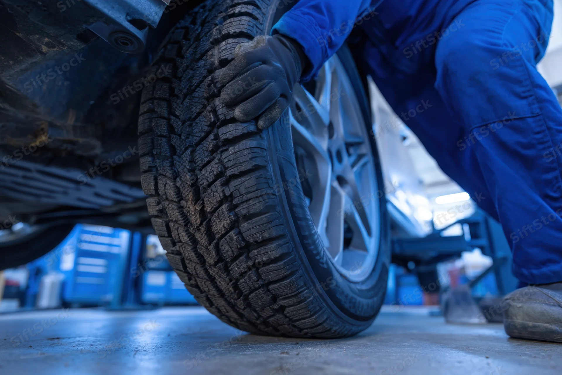Mechanic inspecting car tire tread in garage workshop
