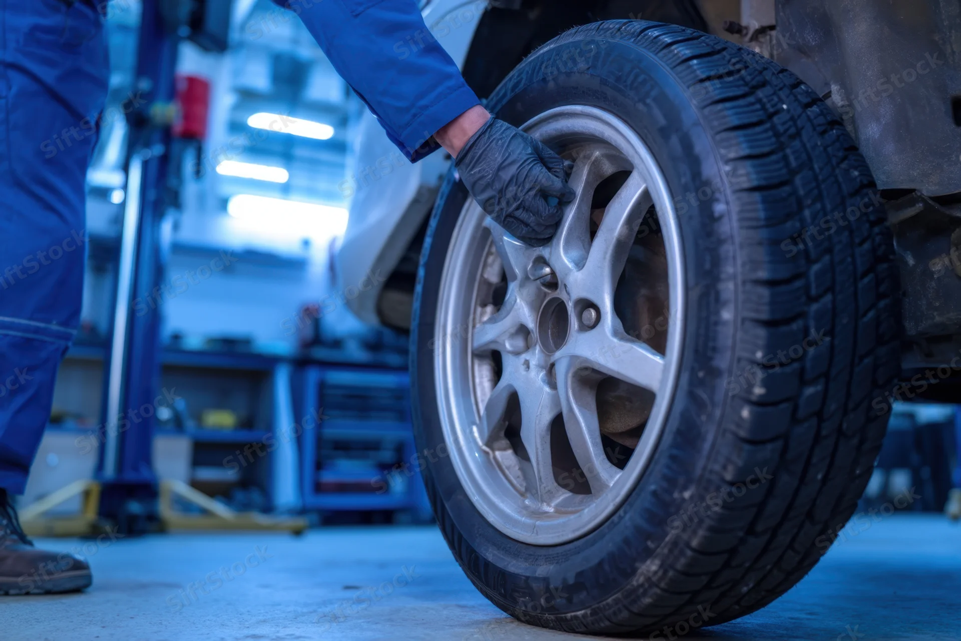 Mechanic inspecting car tire in automotive workshop