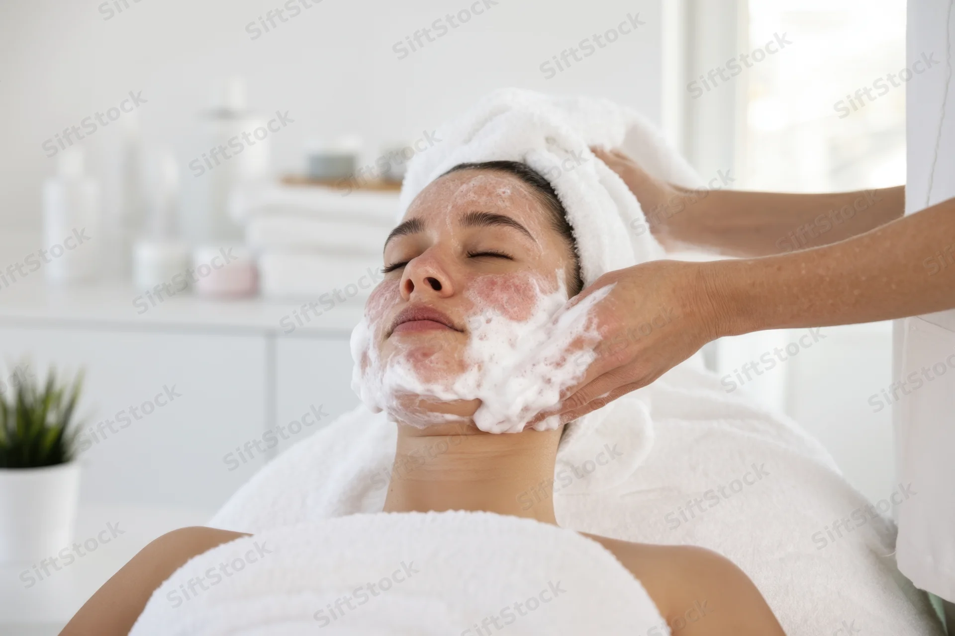 Woman receiving facial cleansing treatment in spa setting with foam and towel