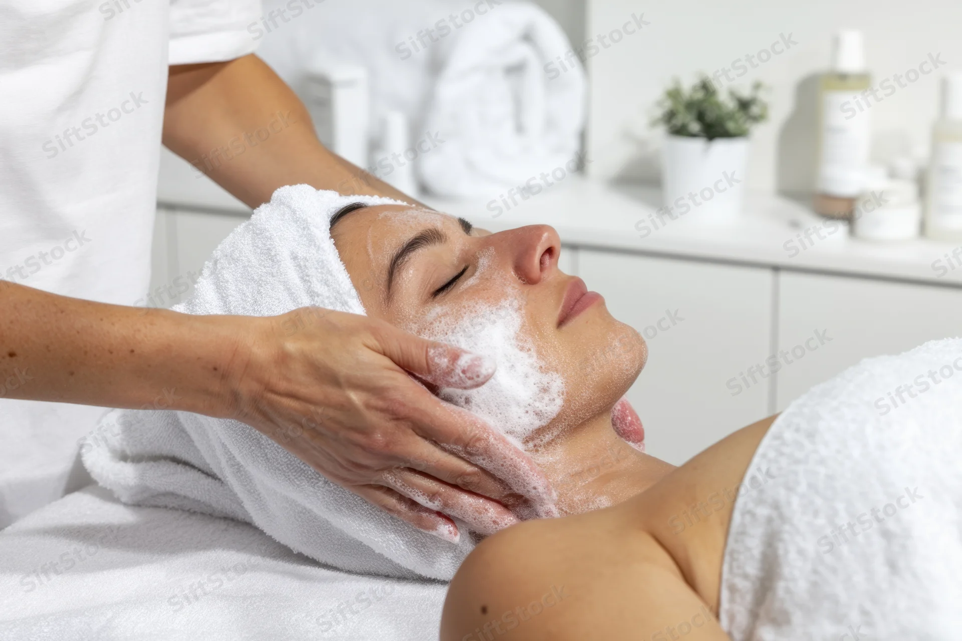 Woman receiving facial cleansing treatment in spa setting with therapist applying foam to face and neck