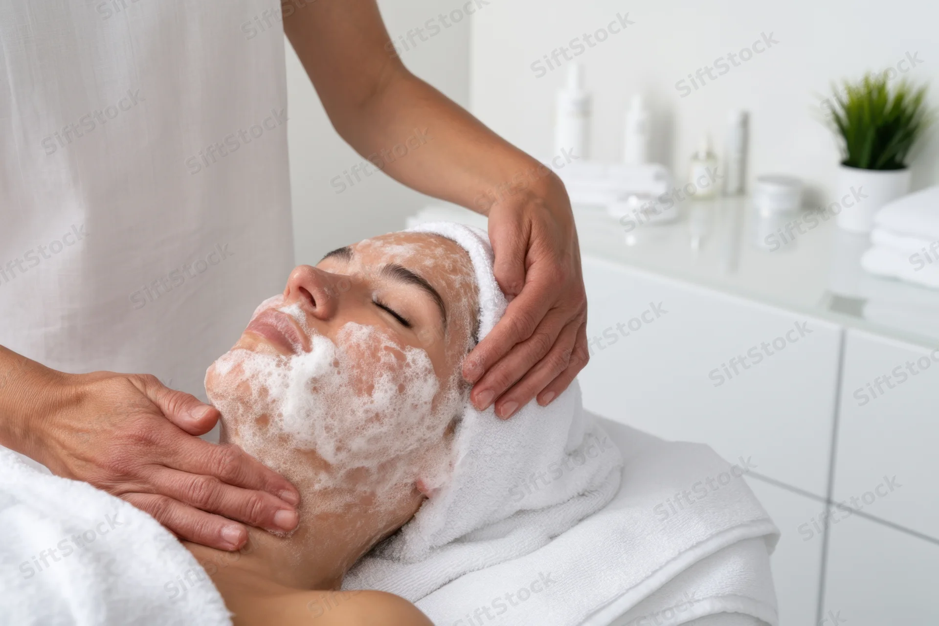 Woman receiving facial massage with foam in spa setting