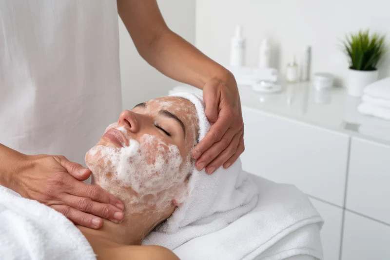 Woman receiving facial massage with foam in spa setting