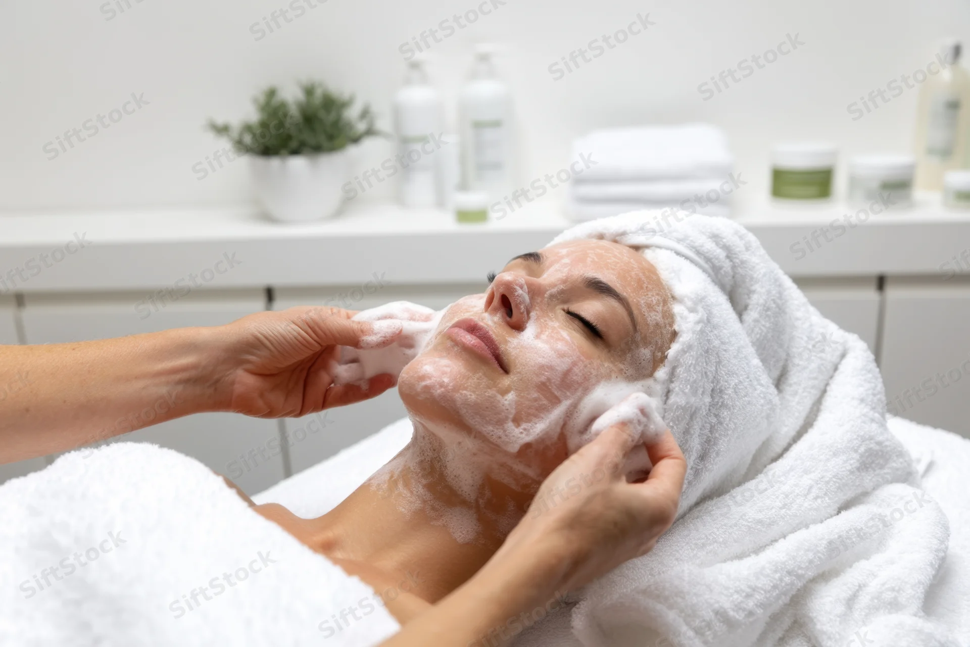 Woman receiving facial cleansing treatment in spa setting with towel wrapped around head and foam on face
