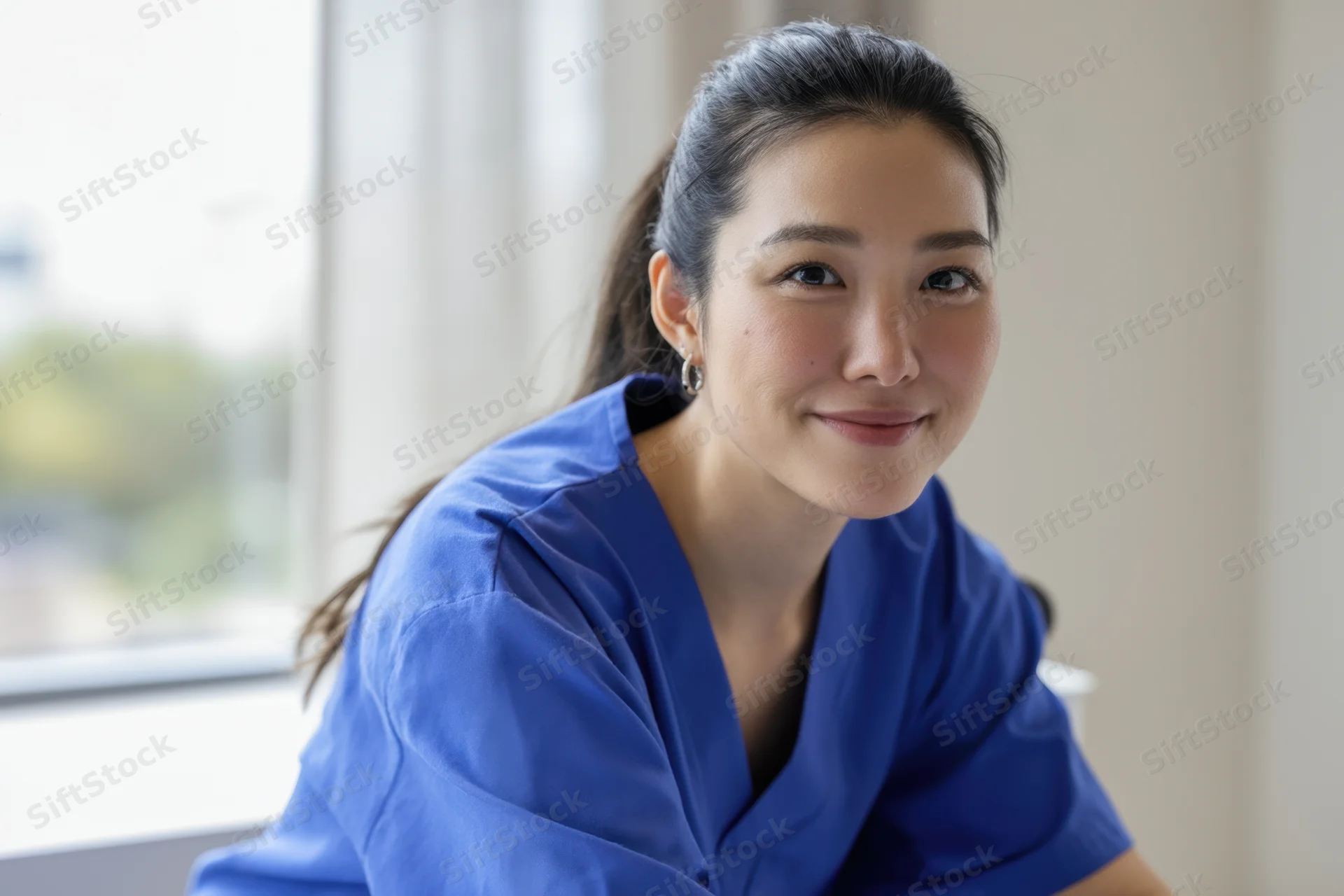 Smiling female healthcare professional in blue scrubs indoors near window