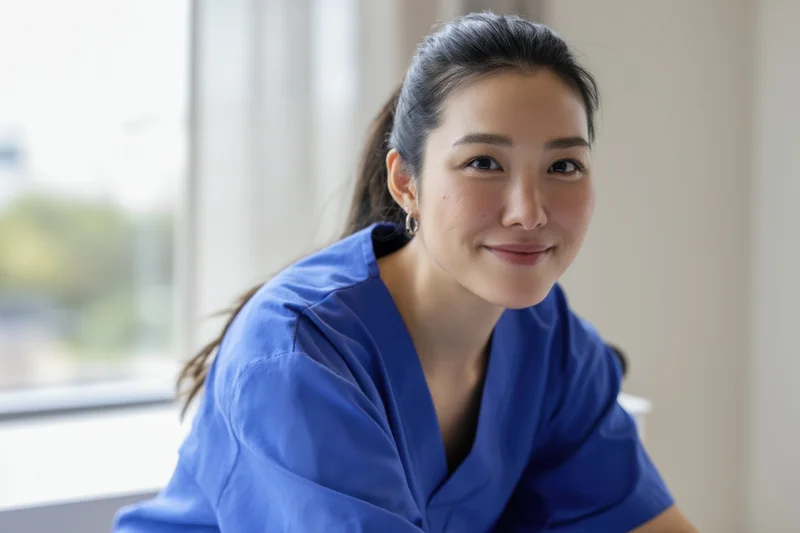 Smiling female healthcare professional in blue scrubs indoors near window