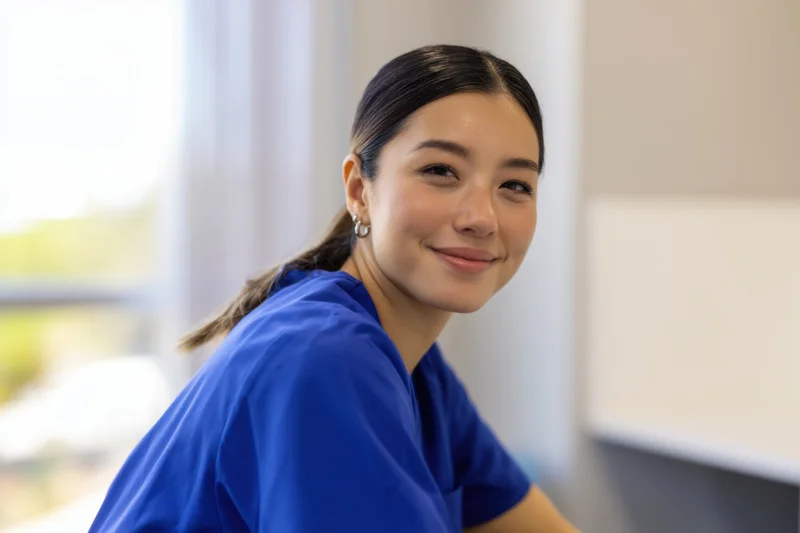 Woman in blue scrubs smiling while turning head in a medical office setting