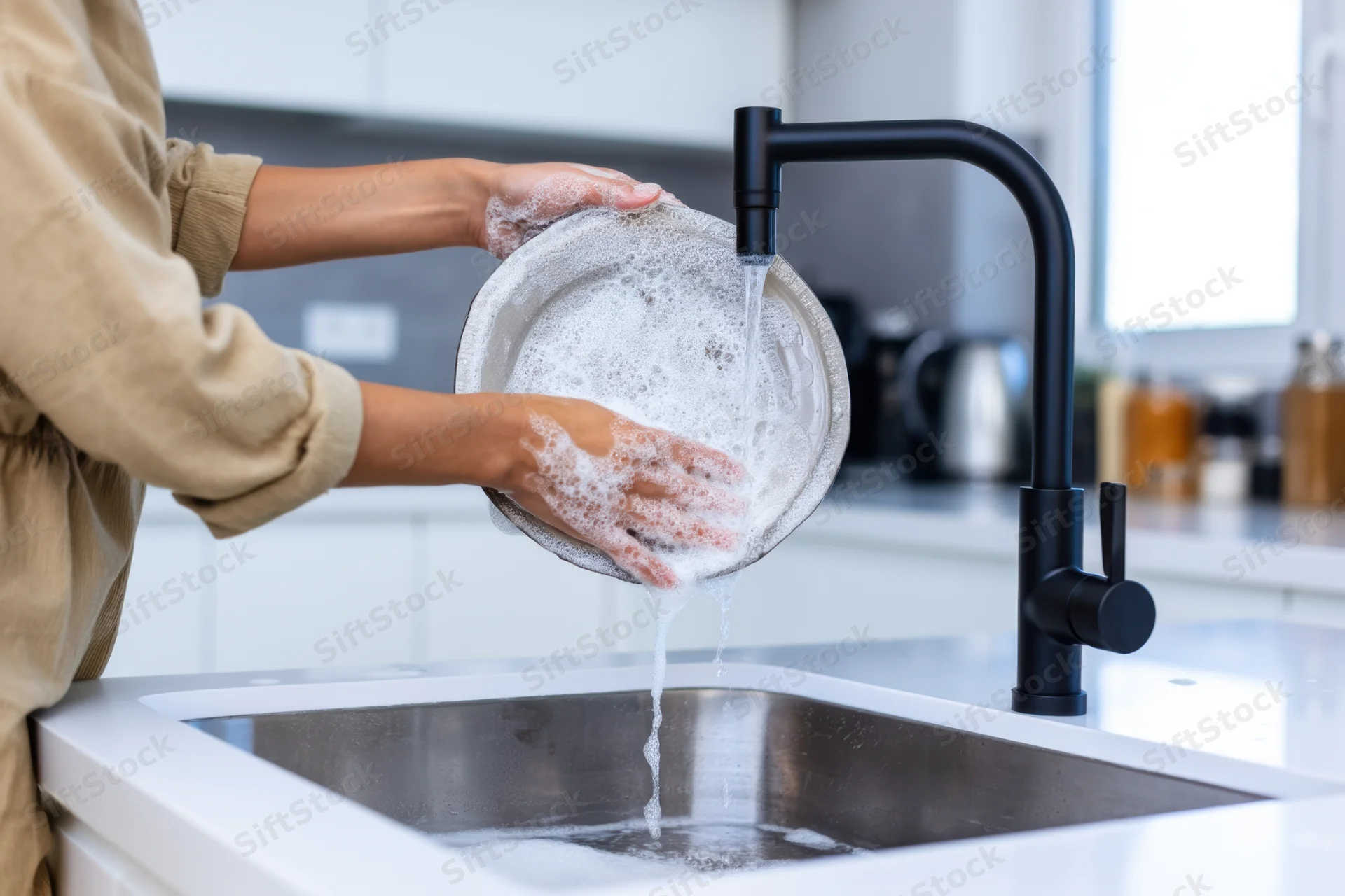 Woman washing a soapy plate under running water at a modern kitchen sink