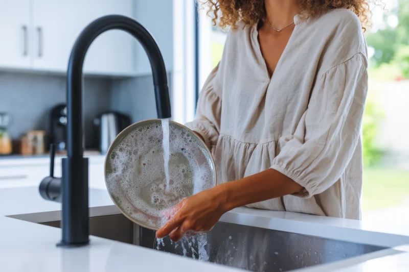Woman washing a plate under running water in a modern kitchen sink
