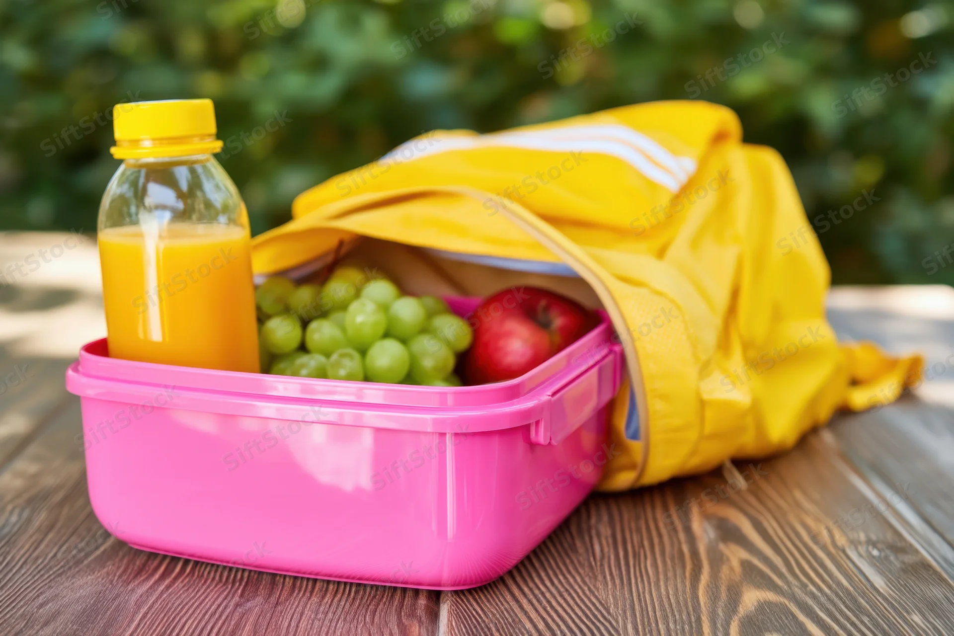 Pink glossy lunchbox filled with fruit and juice on wooden table beside yellow backpack in garden