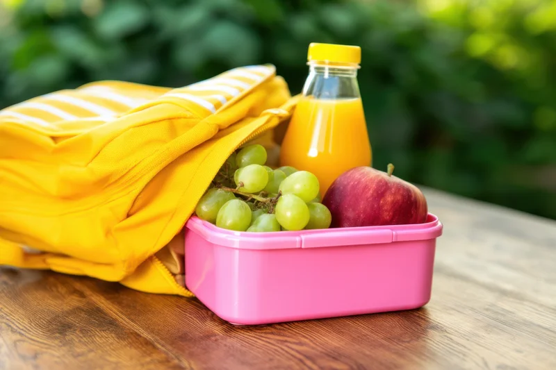 Pink lunchbox with apple, grapes and juice beside yellow backpack on wooden table outdoors