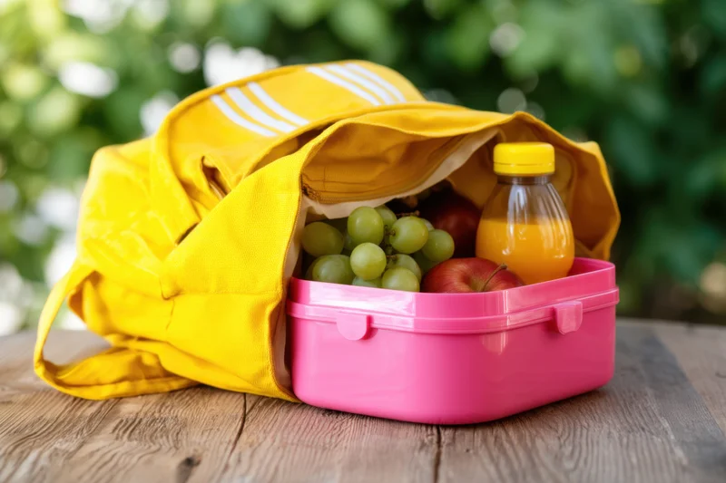 Pink glossy lunchbox filled with fruit and juice bottle inside yellow backpack on wooden table outdoors