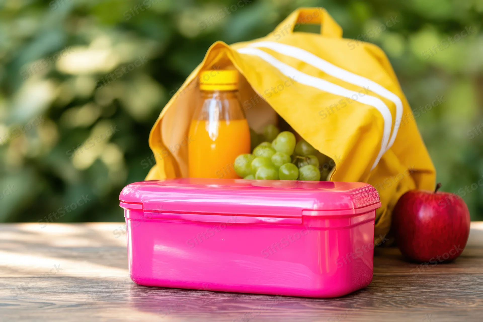 Pink glossy lunchbox with fruit and juice on wooden table outdoors