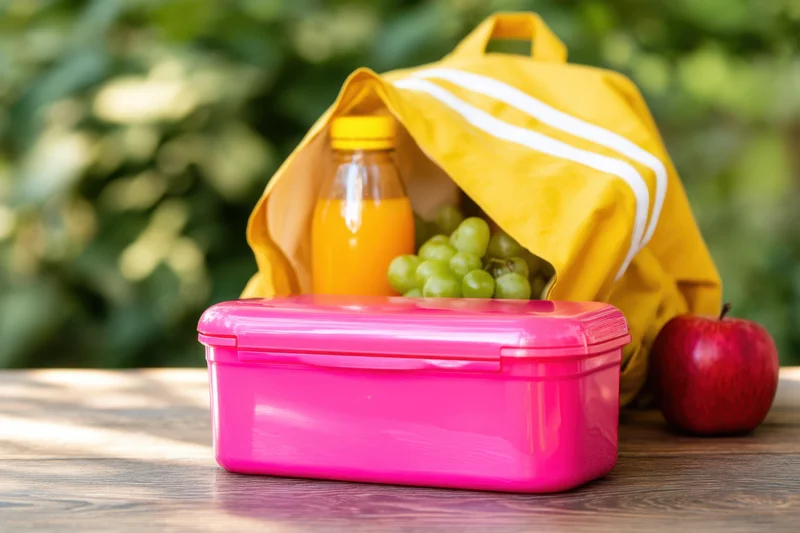 Pink glossy lunchbox with fruit and juice on wooden table outdoors