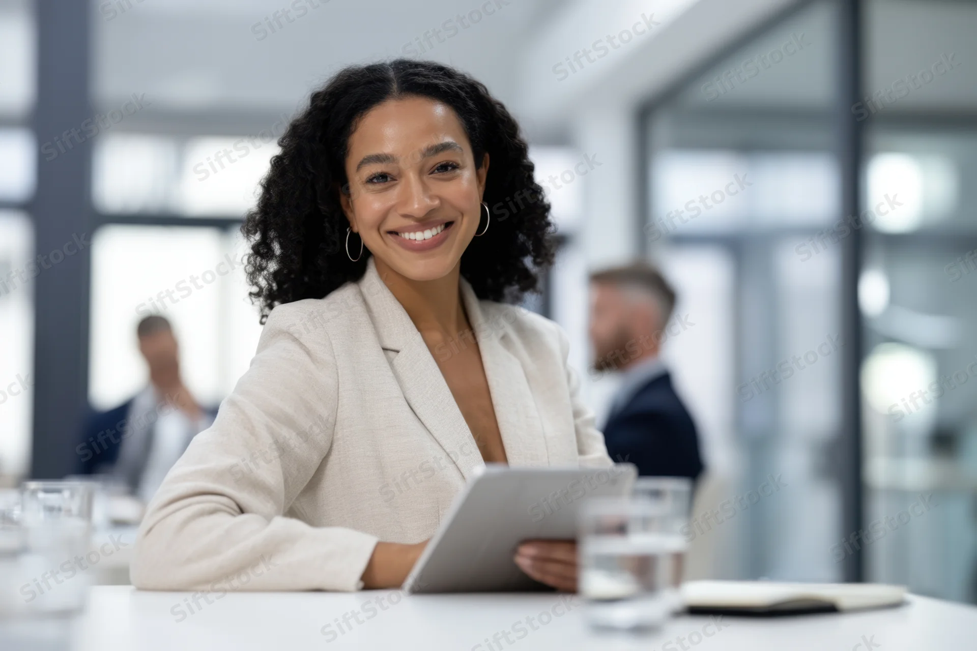 Woman in beige blazer smiling while holding tablet at office meeting desk
