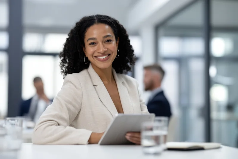 Woman in beige blazer smiling while holding tablet at office meeting desk