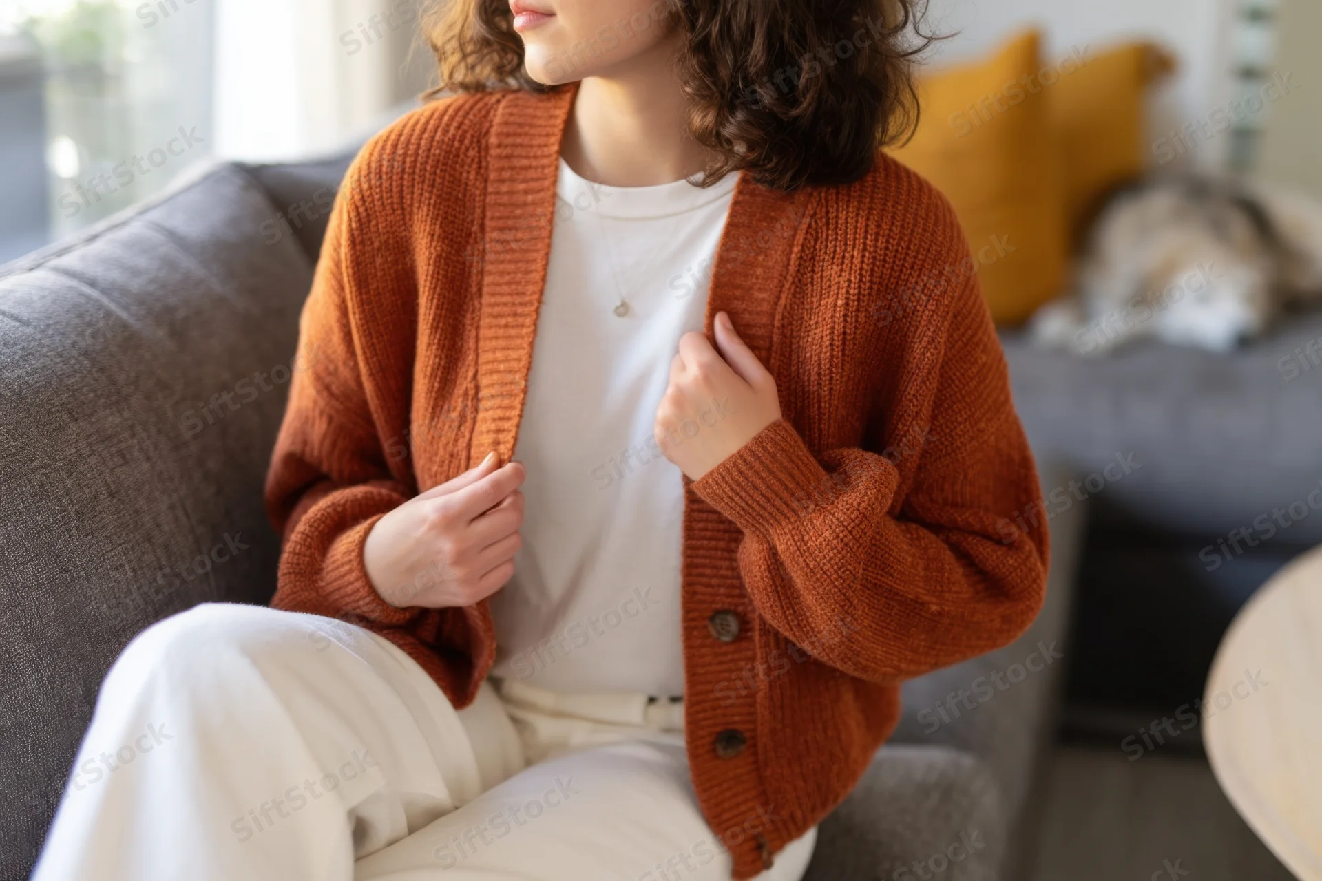 Woman seated on gray fabric sofa wearing rust cardigan over white tshirt and pants, hand on chest, cat resting on cushion behind