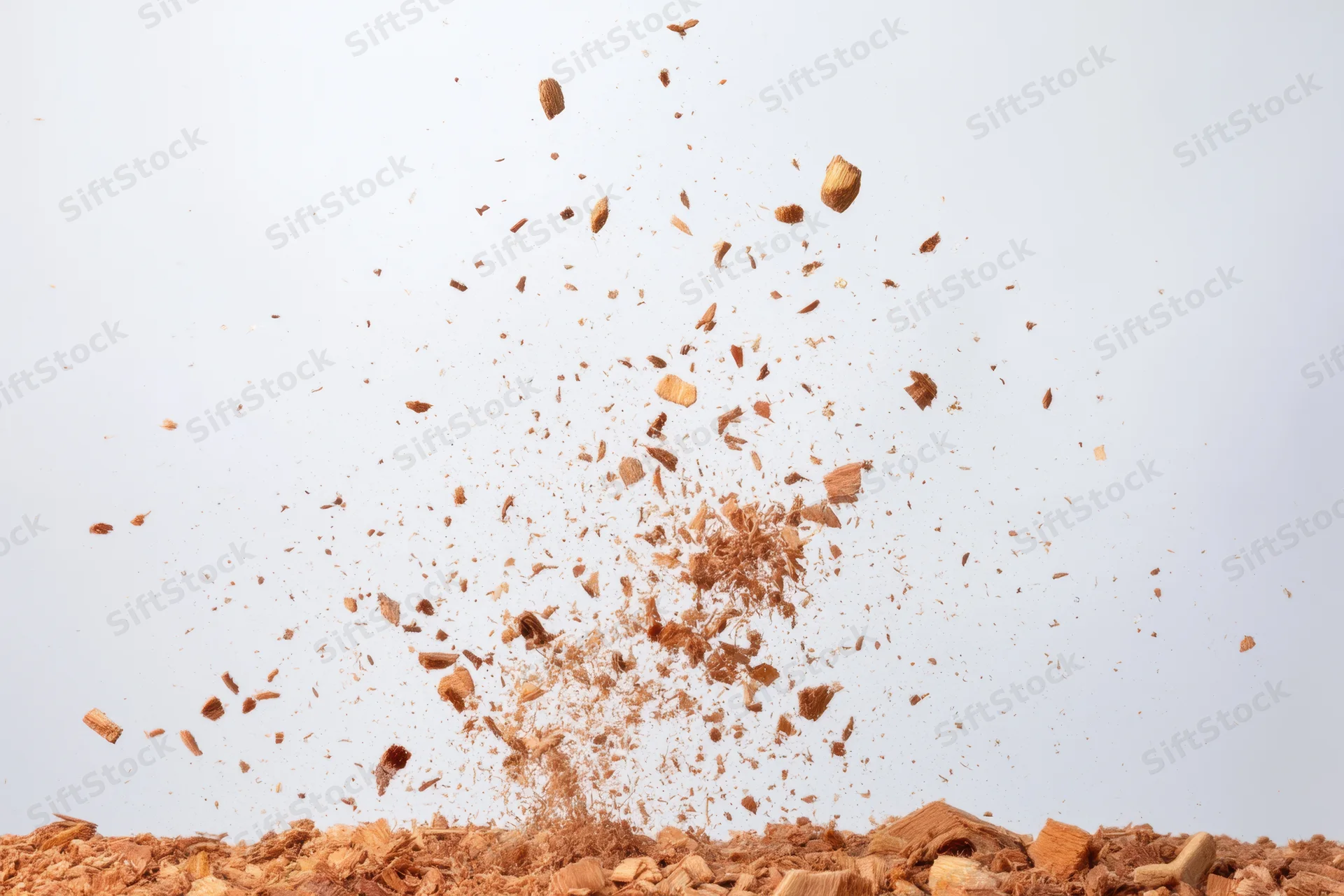 Wood shavings exploding upward from a pile against a white background